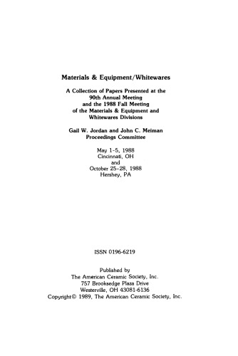 Materials & Equipment/Whitewares: Ceramic Engineering and Science Proceedings, Volume 10, Issue 1/2